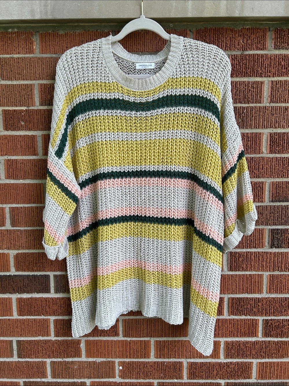 Chic Soul Cream Open-Knit Sweater with Yellow, Pink, and Green Stripes